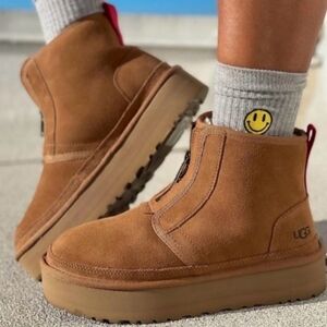 UGG Women Neumel Zip Platform Ankle Booties Chestnut Suede Plush Size 12